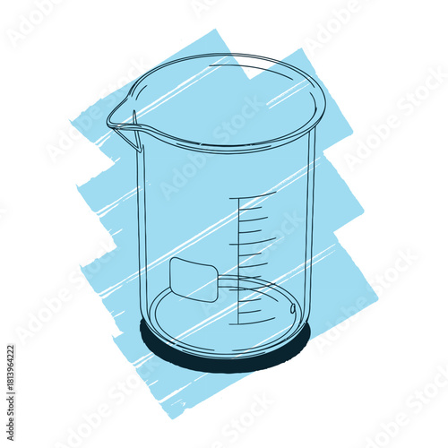 A rendered illustration of an empty laboratory beaker with blue background elements. Perfect for concepts of chemistry, clean science, measurement, and research.