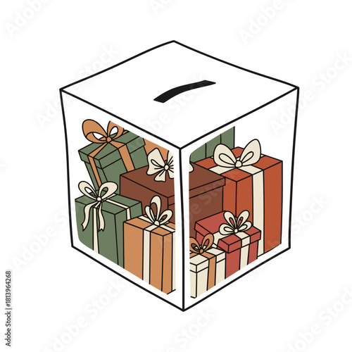 Christmas donation box filled with wrapped gifts and presents  