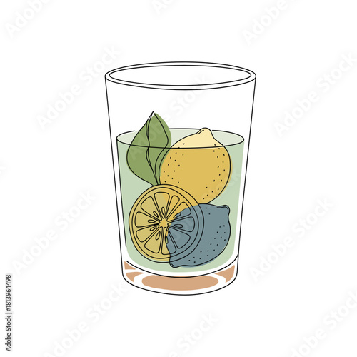 Glass of lemon water with fresh lemons and leaves inside  