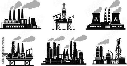 Vector silhouette set of industrial factories, nuclear power plant, oil refinery rig, manufacturing buildings with smoke pollution, energy production icons.