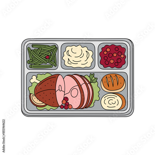 Holiday meal served in a tray with various delicious dishes  