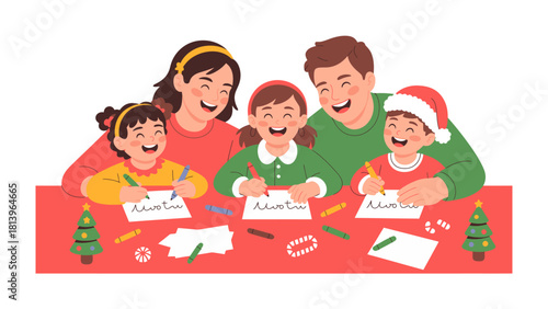 Family bonding during Christmas: A happy family engaged in crafting or drawing together during the Christmas holiday, capturing a moment of togetherness and joy.