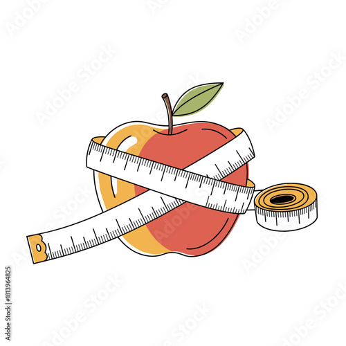 Red apple wrapped with measuring tape for health and dieting concept  