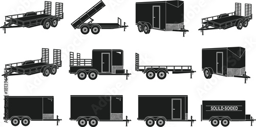 Vector silhouette collection of utility trailers, cargo transport, towing equipment, open flatbed, enclosed box, dump trailer, black icons isolated on white background.