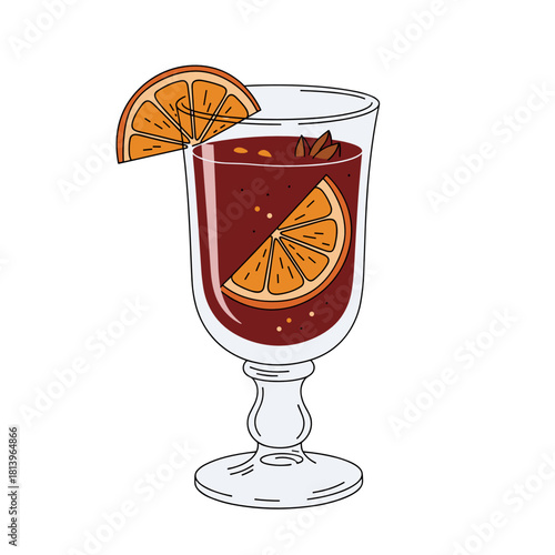 Mulled wine with orange slices and cinnamon in glass cup  
