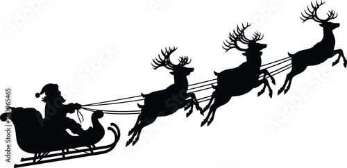 Santa claus in sleigh with reindeer silhouette flying
