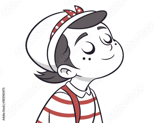 Cute cartoon character smiling with eyes closed and wearing striped shirt and cap