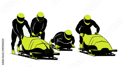 Dynamic bobsleigh team ready for high-speed competition, illustrating strength, teamwork, and winter sports excitement with modern design elements