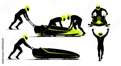 Dynamic bobsleigh team pushing for victory in winter games, celebrating win with modern neon accents, ideal for sports branding and advertising campaigns