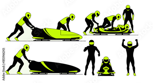 Dynamic bobsleigh team pushing for victory, celebrating winter sports success with teamwork, speed, and thrilling competition moments