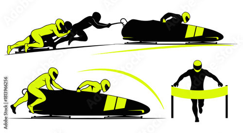 Dynamic bobsleigh team speeding to victory line, athletes pushing for success and celebrating the win in vibrant minimalist style illustration