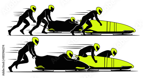 Dynamic bobsled team racing with speed, showcasing teamwork and determination for sports marketing, symbolizing winter games competition and athletic prowess