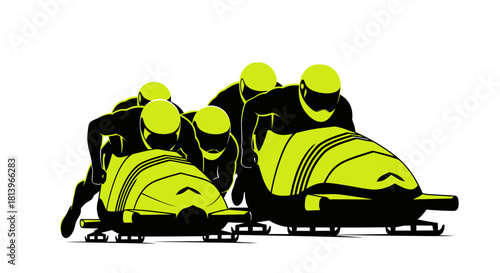Dynamic bobsled team racing downhill with speed and precision, perfect for conveying teamwork, competition, and winter sports excitement, vibrant and modern
