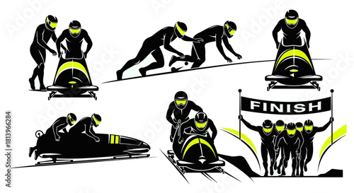 Dynamic bobsleigh team racing toward victory, pushing limits and celebrating success at the finish line with speed and determination on ice track