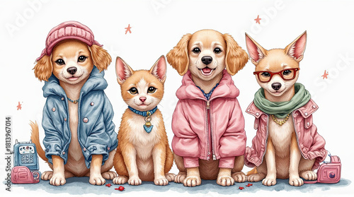 Adorable Pets in Trendy Outfits: Fashionable Dogs and Cat Illustration