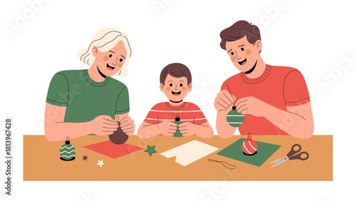 Family Craft Time: A family works together crafting homemade ornaments, bringing joy, creativity and the holiday spirit in this festive moment.