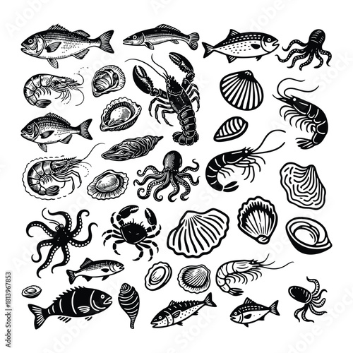 Vintage-style collection of various fresh seafood items illustrated in detailed woodcut or engraving technique