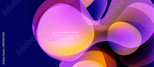 Abstract fluid shapes overlap, creating vibrant purple, orange gradients. Modern design evokes energy, movement, depth. Background text reads background design.