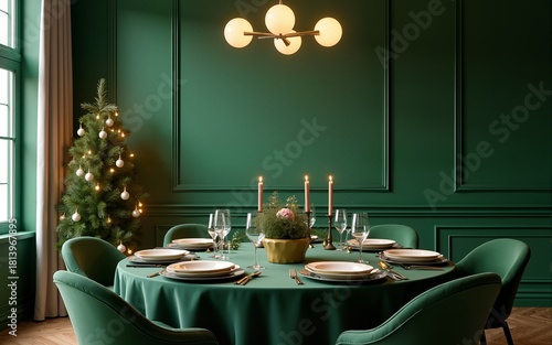 Christmas Eve Dinner: Elegant Green Dining Room Mockup. High quality
