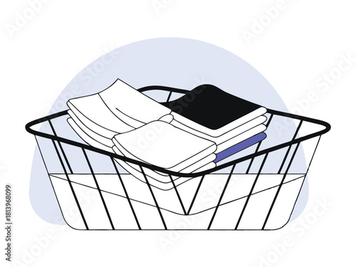 Line Drawing of a Wire Laundry Basket with Folded Clothes on a Blue Circle Background apparel