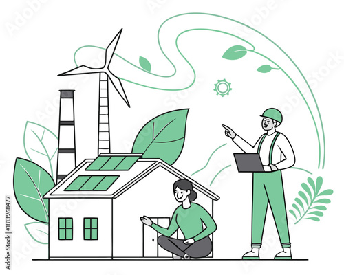 Sustainable energy professionals discussing green technology and renewable power sources for future projects