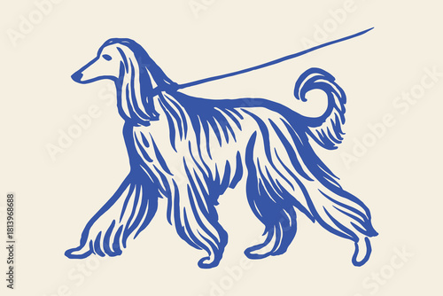 Afghan hound dog on leash hand drawn sketch vector illustration