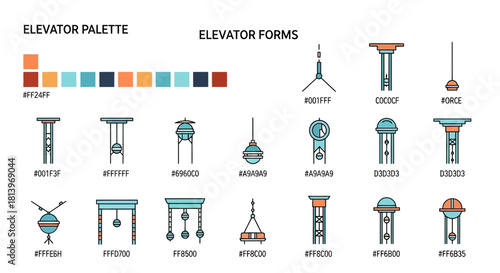Elevator concept design with color palette and different elevator forms illustrations
