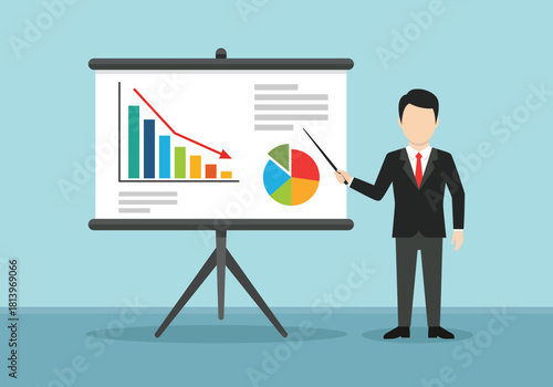Man in suit pointing at declining bar graph and pie chart on presentation screen business