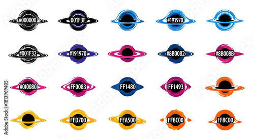 Collection of Black Hole Inspired Logos with Color Hex Codes Minimalist Design Elements