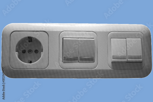 Close up of power electrical socket electricity plug and light switch pixelate grayscale color halftone dotted texture style collage element isolated on blue background