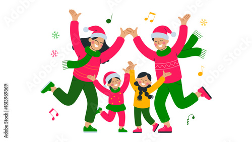 Joyful Christmas Family Dance: A vibrant illustration capturing a family in Christmas attire, joyfully dancing amidst festive elements, embodying the spirit of celebration and togetherness.