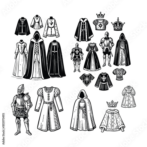 A comprehensive collection of vintage engraving illustrations featuring medieval fantasy attire and armor, including royal robes, hooded cloaks, knights' suits, and crowns