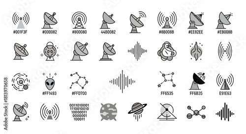 Set of futuristic icons representing satellite dish antennas, alien life and space exploration