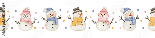 Foto Cute watercolor Christmas repeated border with snowman in blue, pink, yellow scarfs and hats on white background