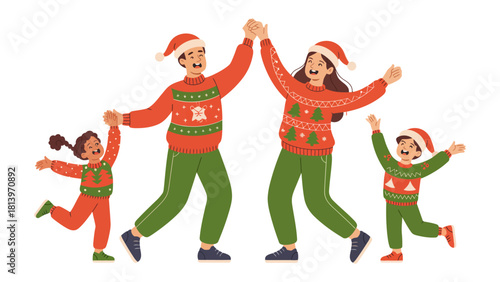 Joyful Christmas Gathering: A family shares in a dance of celebration, hand in hand, wearing festive sweaters and Santa hats. Witness a heartwarming Christmas season celebration.