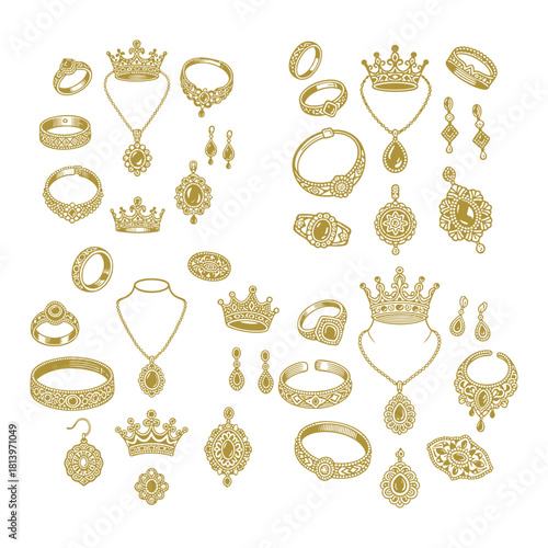 A lavish collection of vintage engraving illustrations featuring ornate jewelry, including rings, necklaces with pendants, earrings, bracelets, and crowns