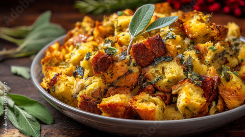 A close up shot of a bowl filled with bread stuffing and sage on a wooden surface top