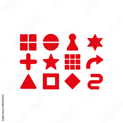 Collection of red geometric and abstract icons on white background