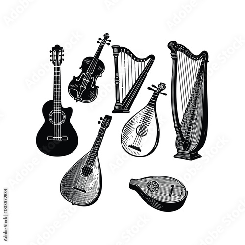 Vintage string instruments illustration captures a diverse collection of classical musical tools