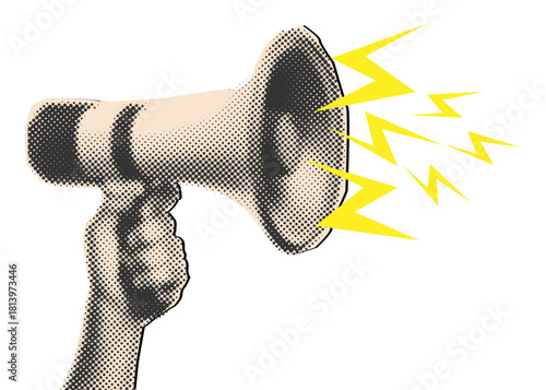 Halftone collage with hand holding megaphone,cut out element from paper
