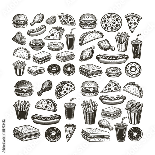 Detailed set of various popular fast food items illustrated in vintage woodcut or engraving style
