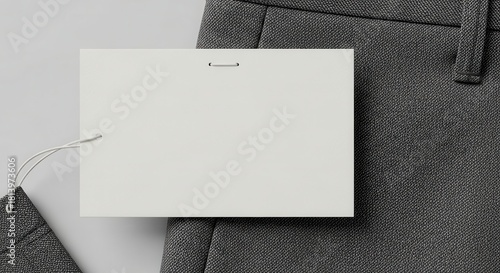 Blank clothing tag label with string on gray trousers, product branding template