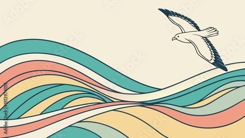 Seagull soars above colorful waves in a serene coastal illustration