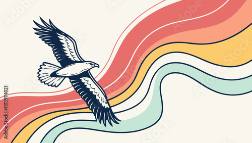 Eagle soars against a retro rainbow background isolated on