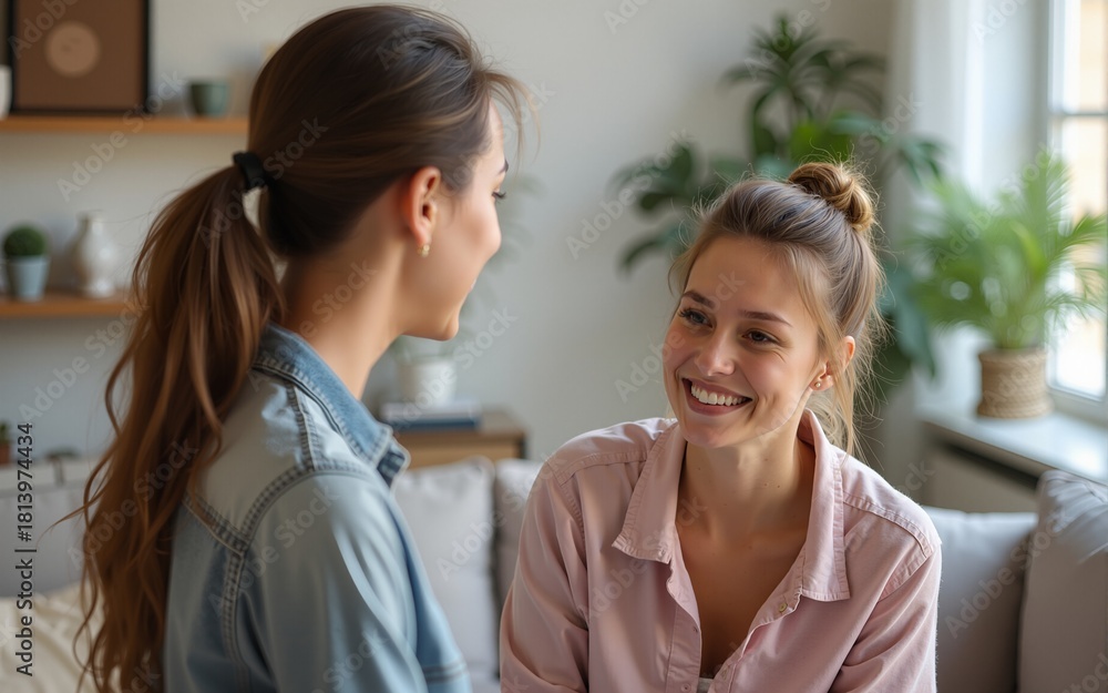 Obraz premium Happy mature woman and her little daughter looking at young female guest with smiles while meeting and greeting her in living room. High quality