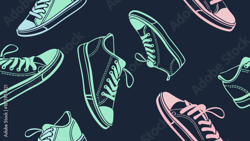 Sneakers pattern with various designs and colors on a dark blue background