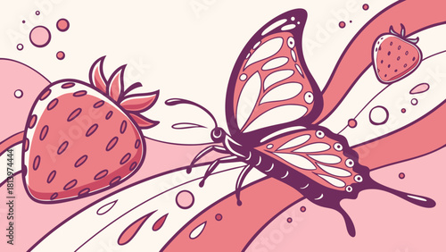 A delightful strawberry butterfly illustration with pink and white swirls