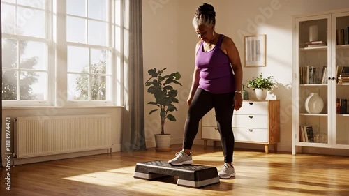 Wallpaper Mural Middle-aged Black woman exercising in sunlit living room, doing step aerobics with determination, home workout during daylight hours Torontodigital.ca