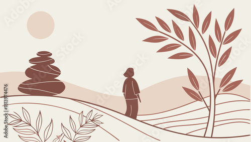 Minimalist zen landscape with stacked stones, tree, and person on a hill