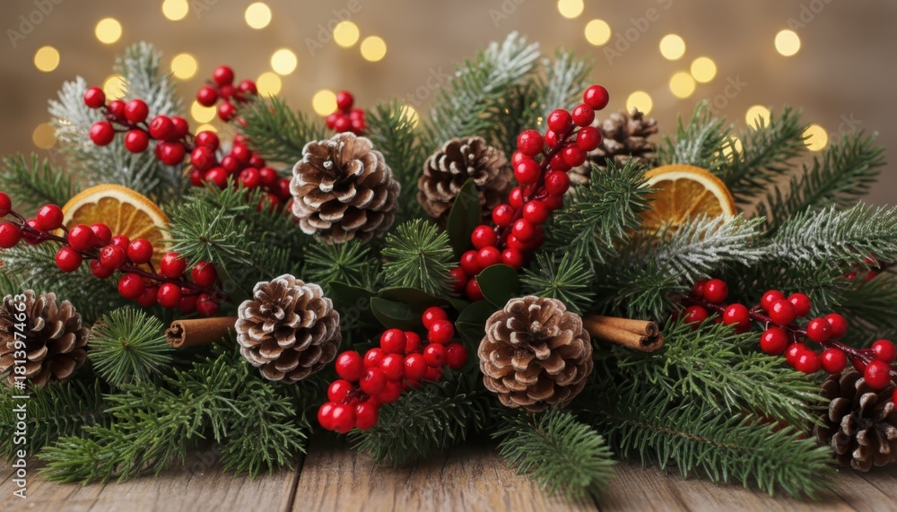 Fototapeta premium Festive Christmas Garland with Pine Cones Red Berries and Dried Oranges on a Wooden Table with Bokeh Lights.